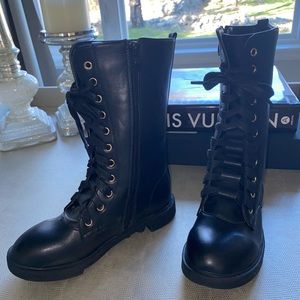 Girls Leather Lace-Up Zipper Mid Calf Combat Boots